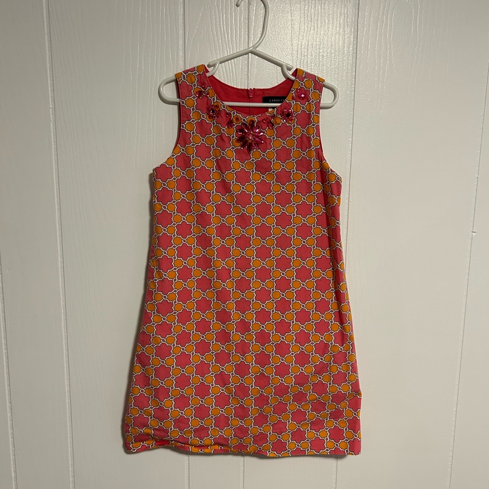 Lands End Girls pink and orange dress with beaded neckline, size 6x.